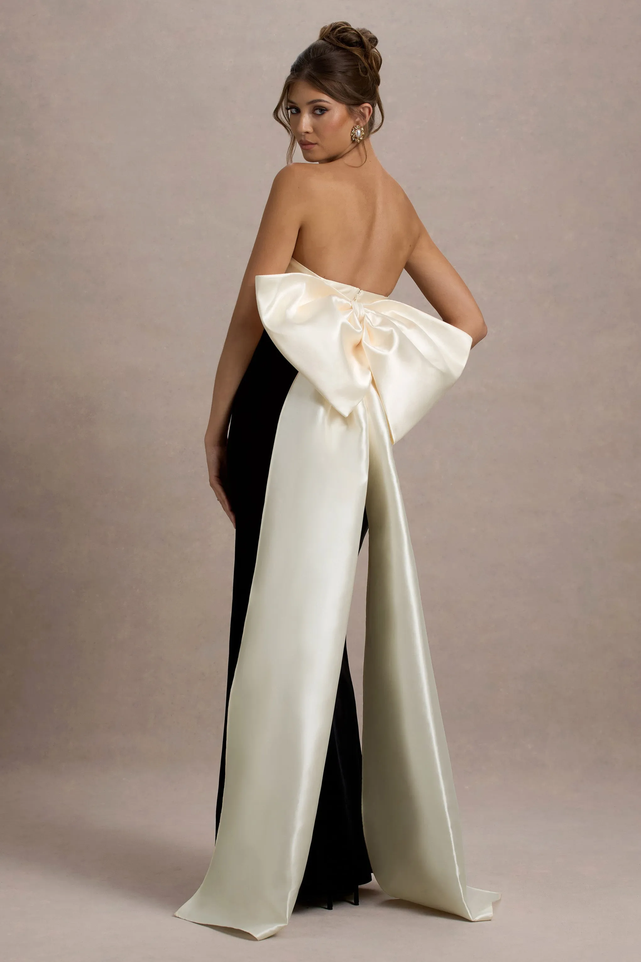 Take A Bow | Black & Cream Velvet Strapless Maxi Dress With Oversized Bow