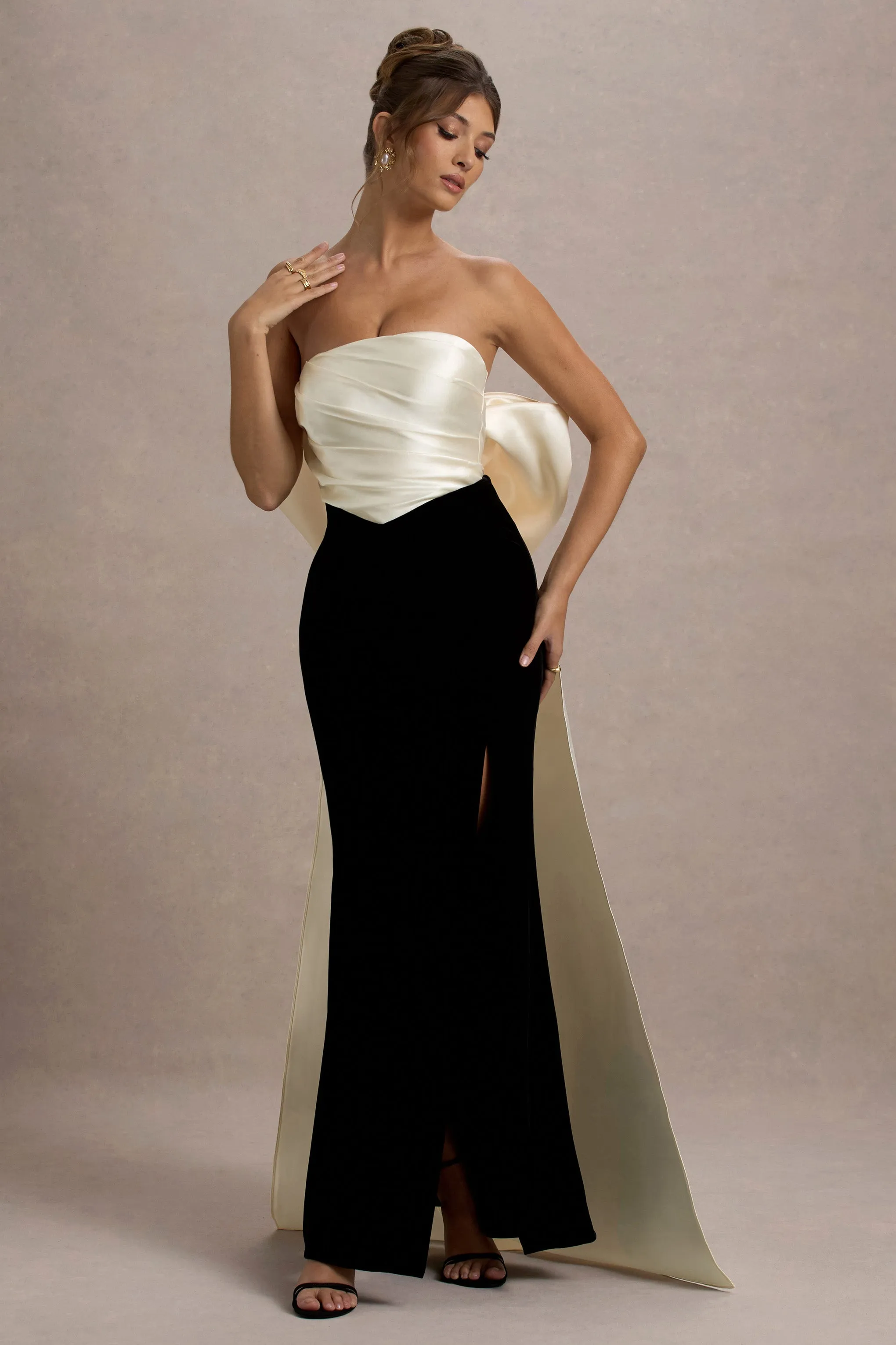 Take A Bow | Black & Cream Velvet Strapless Maxi Dress With Oversized Bow