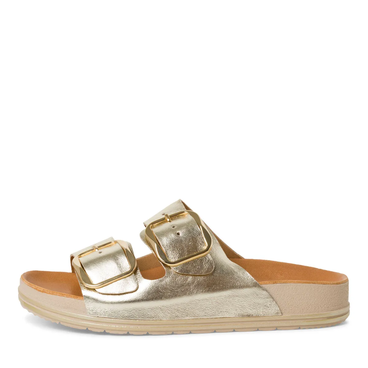 Tamaris Electric Gold Leather Sandals with Buckle Detail