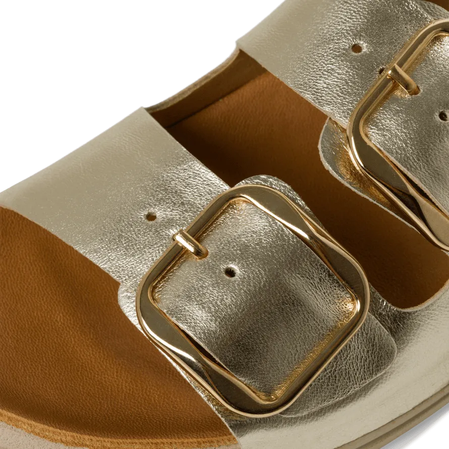 Tamaris Electric Gold Leather Sandals with Buckle Detail