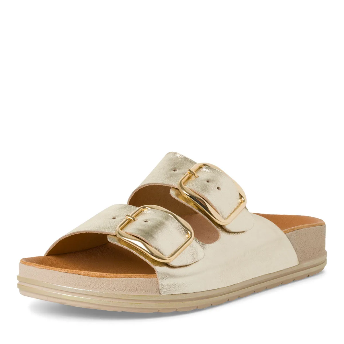 Tamaris Electric Gold Leather Sandals with Buckle Detail