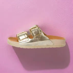 Tamaris Electric Gold Leather Sandals with Buckle Detail