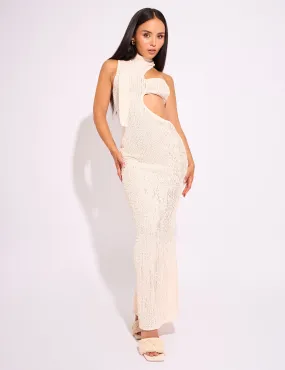 Textured Asymmetric Cut Out Maxi Dress Cream