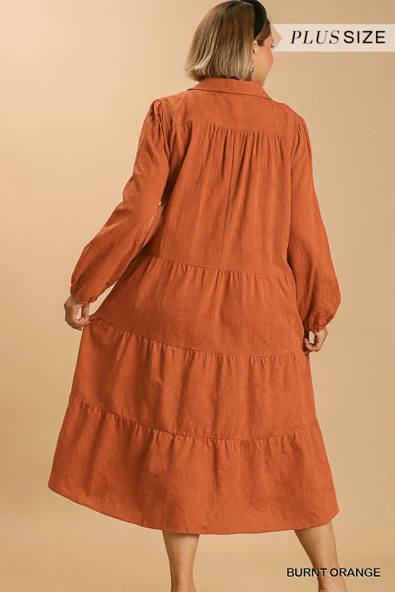 Textured Long Sleeve Collar Split Neck Tiered Maxi Dress Voluptuous ( ) Plus Size - Ships from The US