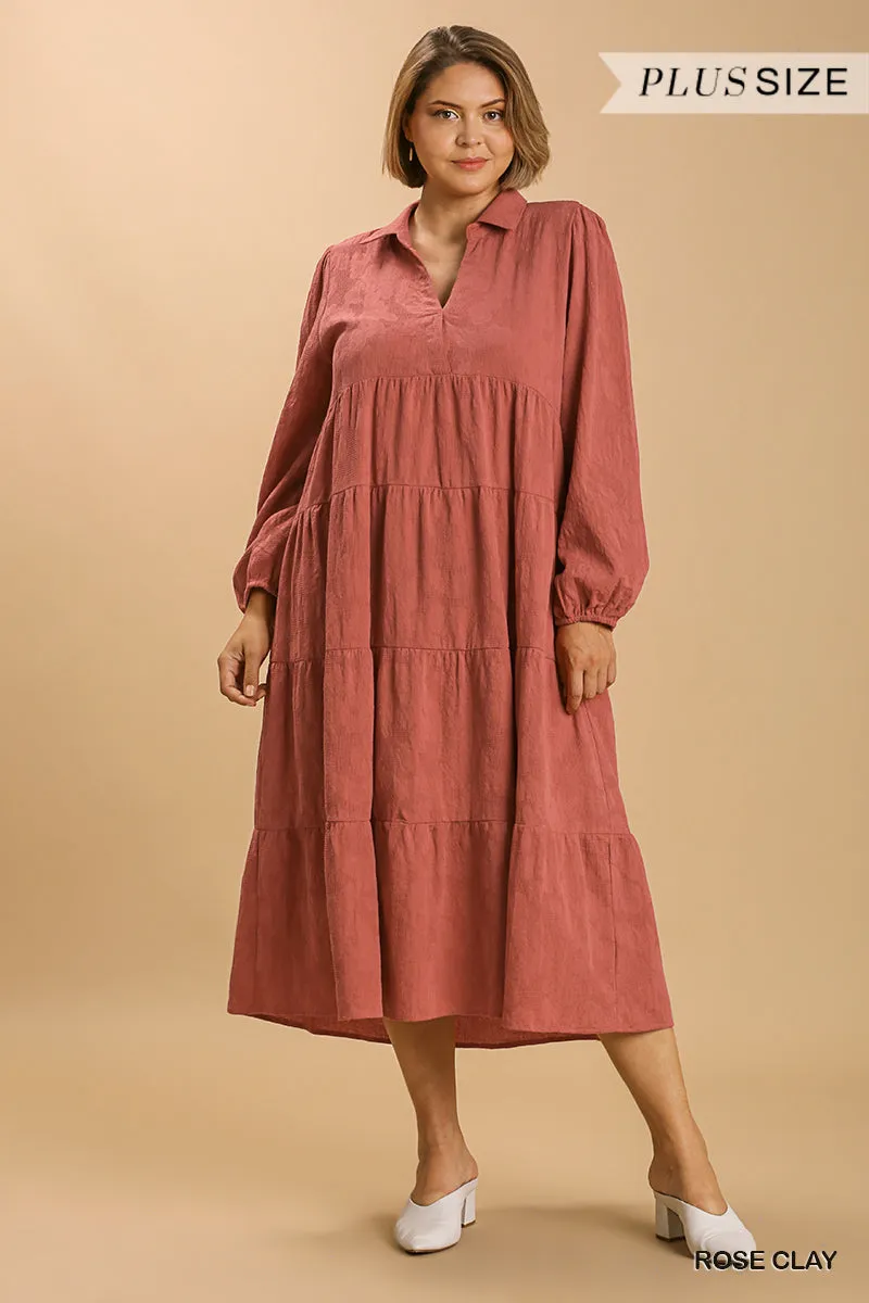 Textured Long Sleeve Collar Split Neck Tiered Maxi Dress Voluptuous ( ) Plus Size - Ships from The US