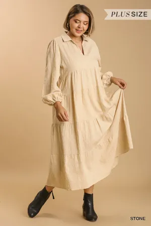 Textured Long Sleeve Collar Split Neck Tiered Maxi Dress Voluptuous ( ) Plus Size - Ships from The US