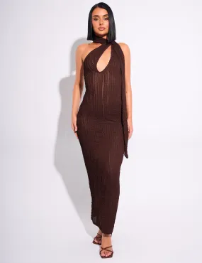 Textured Scarf Detail Cut Out Maxi Dress Chocolate