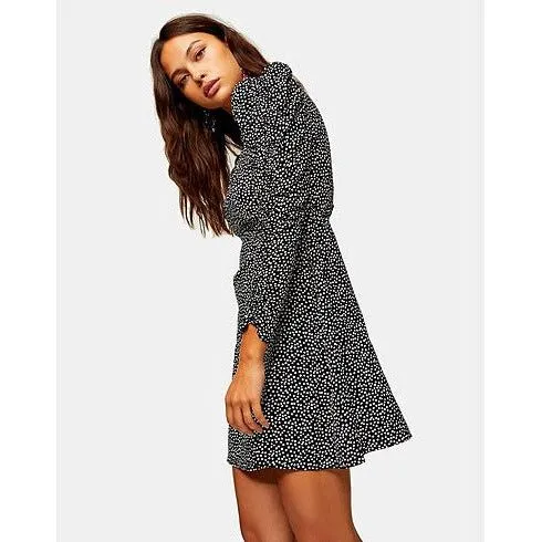 Topshop Women's Long Sleeve Spotted Mini Dress - Monochrome