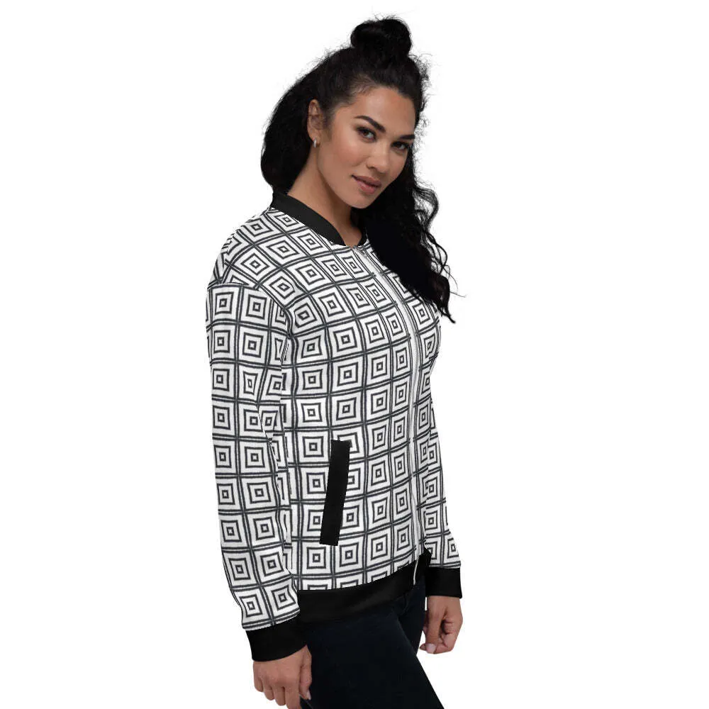 Uniquely You Womens Bomber Jacket / Black and White Argyle Squares