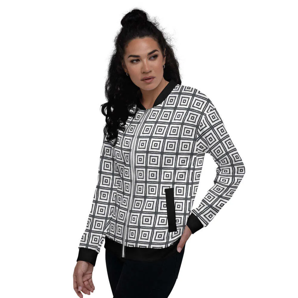 Uniquely You Womens Bomber Jacket / Black and White Argyle Squares