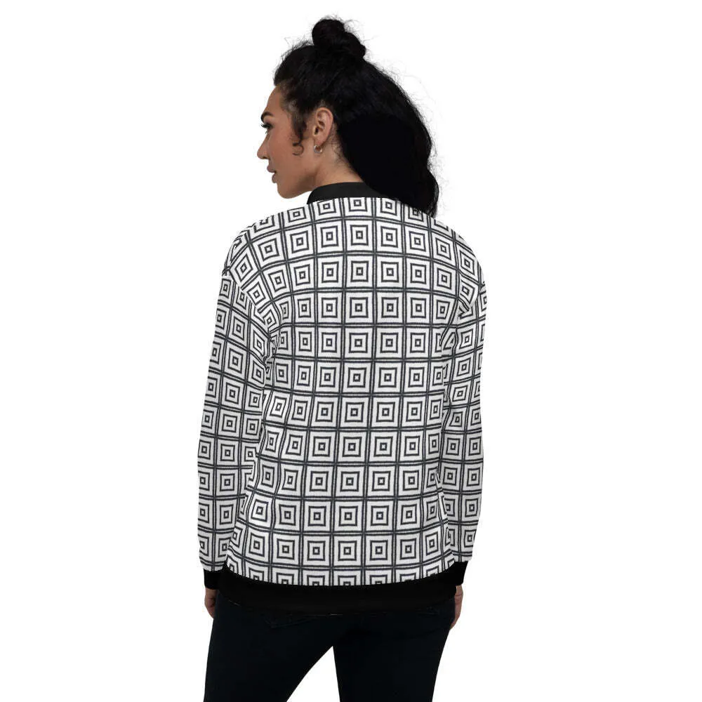 Uniquely You Womens Bomber Jacket / Black and White Argyle Squares