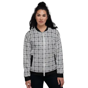 Uniquely You Womens Bomber Jacket / Black and White Argyle Squares