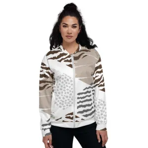 Uniquely You Womens Bomber Jacket White/Taupe Geometric