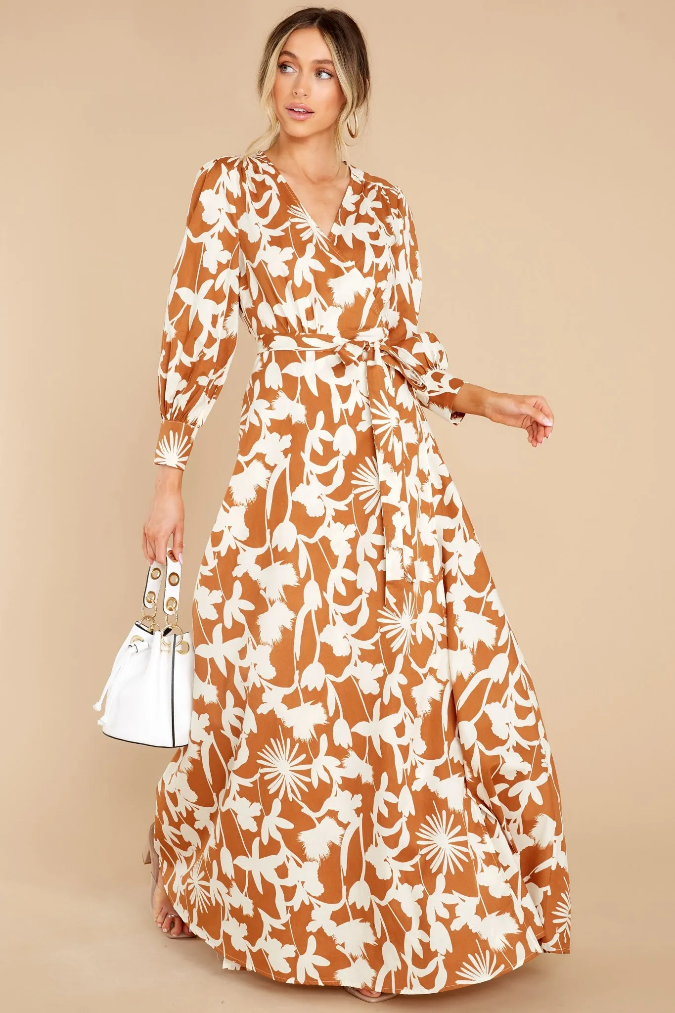 Unmatched Beauty Ivory And Copper Print Maxi Dress