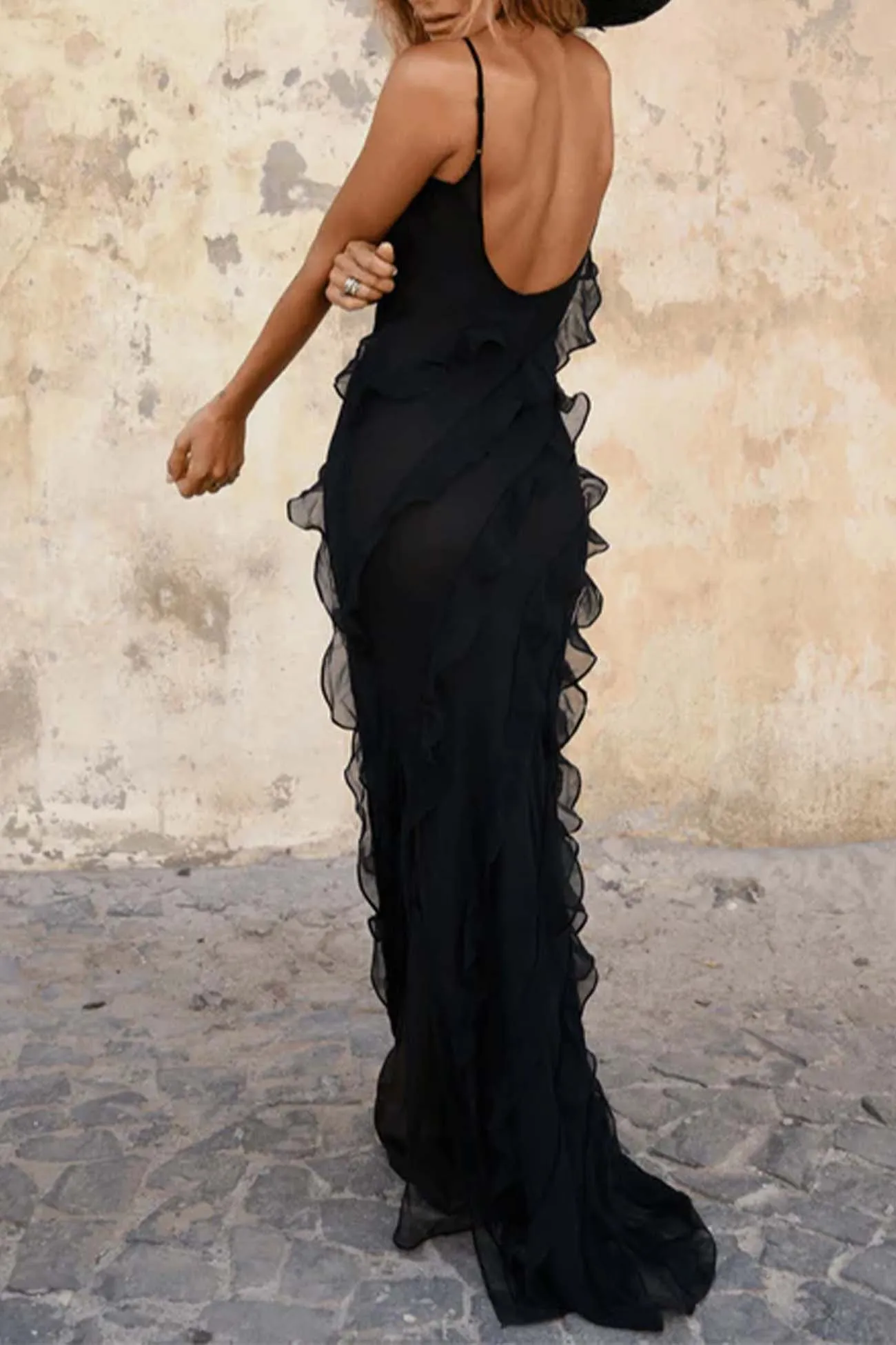 V Neck Ruffled Backless Slit Cami Dress