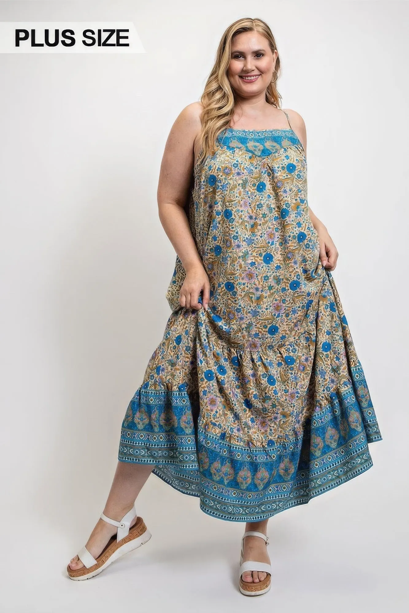 Voluptuous ( ) Floral Aztec Drop Down Plus Size Maxi Dress With Spaghetti Strap