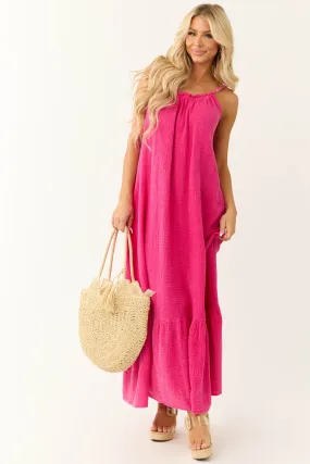 Washed Hot Pink Sleeveless Gauze Maxi Dress