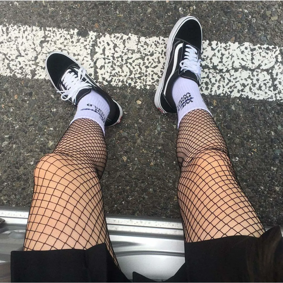 White Black Fish Net Grid Holes Tights