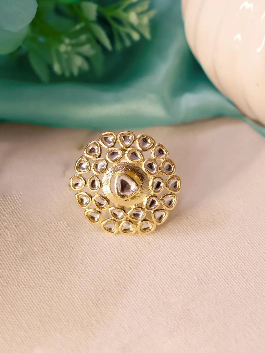 White Floral Motif Kundan Ring