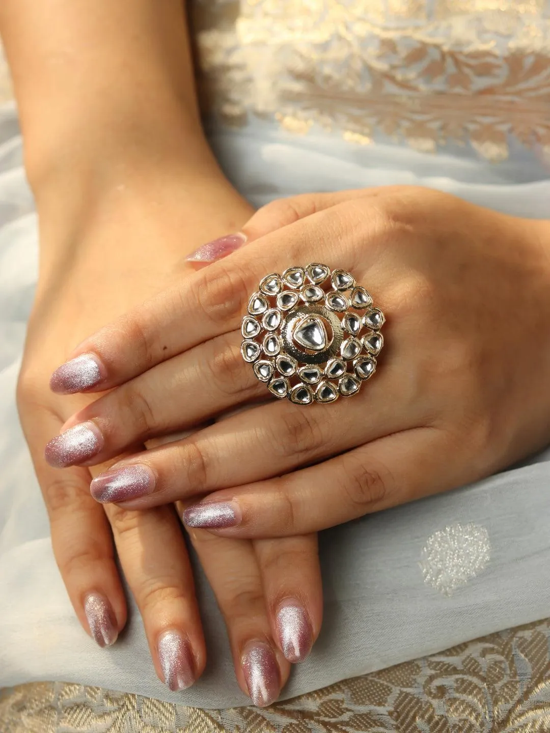 White Floral Motif Kundan Ring