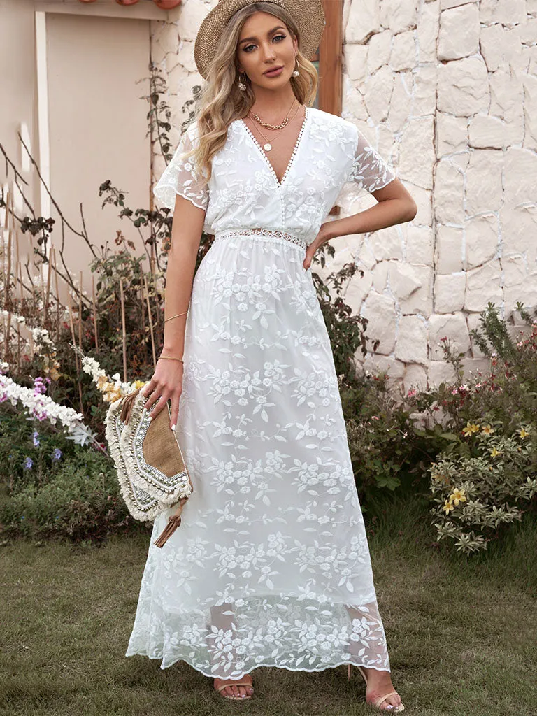 White Short Sleeves V Neck High Waist Cut Out Maxi Boho Dress