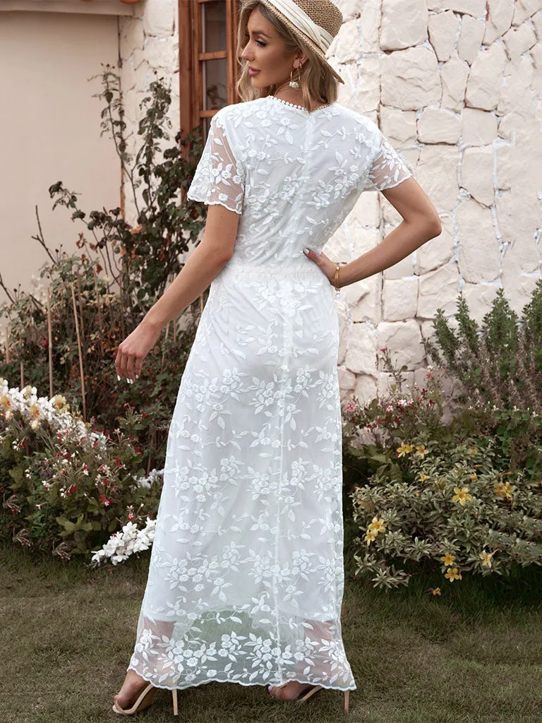 White Short Sleeves V Neck High Waist Cut Out Maxi Boho Dress