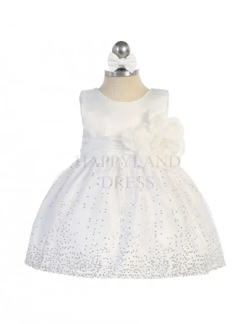 White Sleeveless Satin Bodice Infant Girl Dress with Sparkle Tulle Skirt