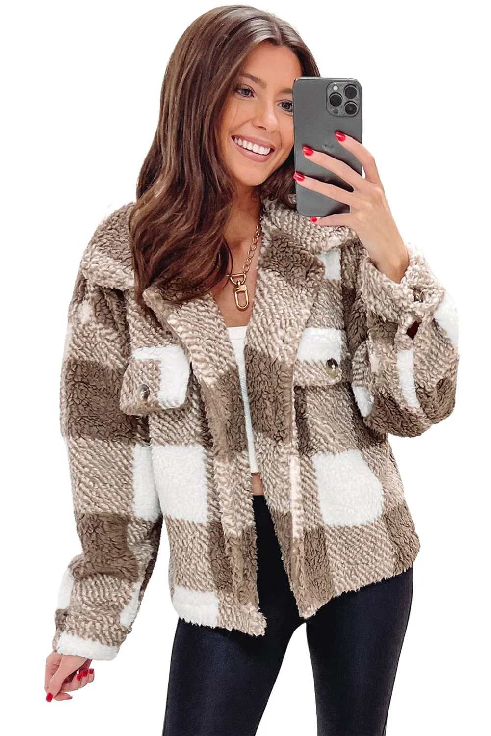 Wholesale Khaki Plaid Buttoned Collared Sherpa Jacket