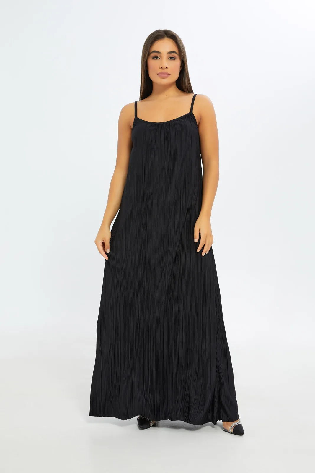 Women Black Plisse Maxi Dress