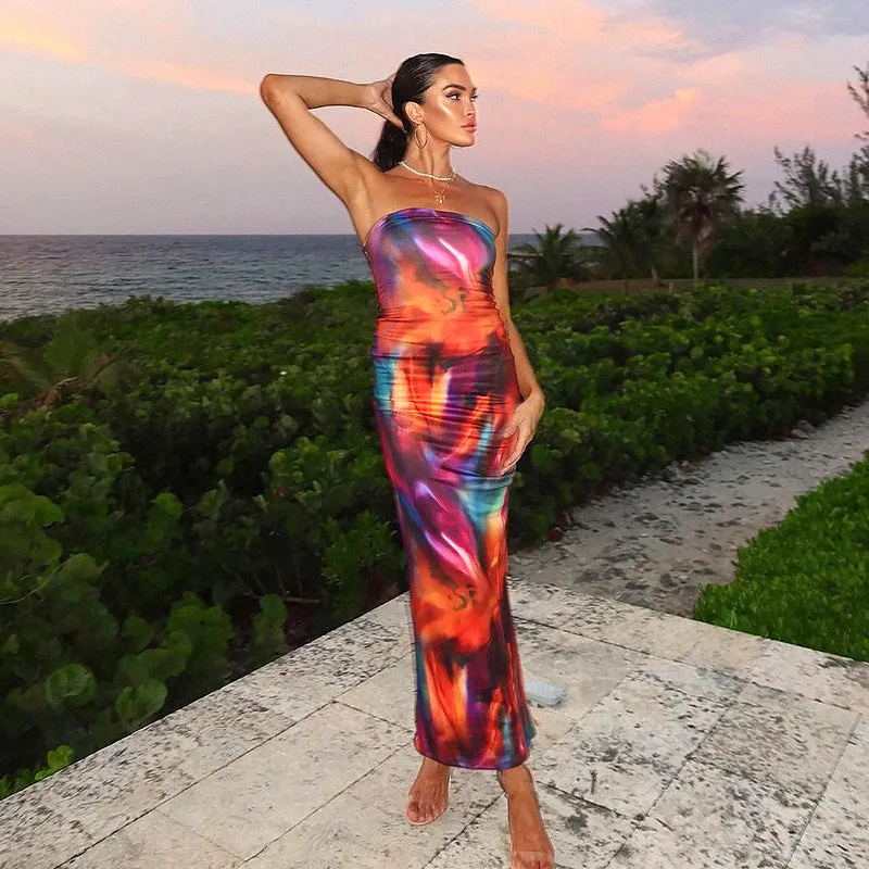 Women Clothing Color Blooming Printed Tube Top Tight Maxi Dress Slim Fit