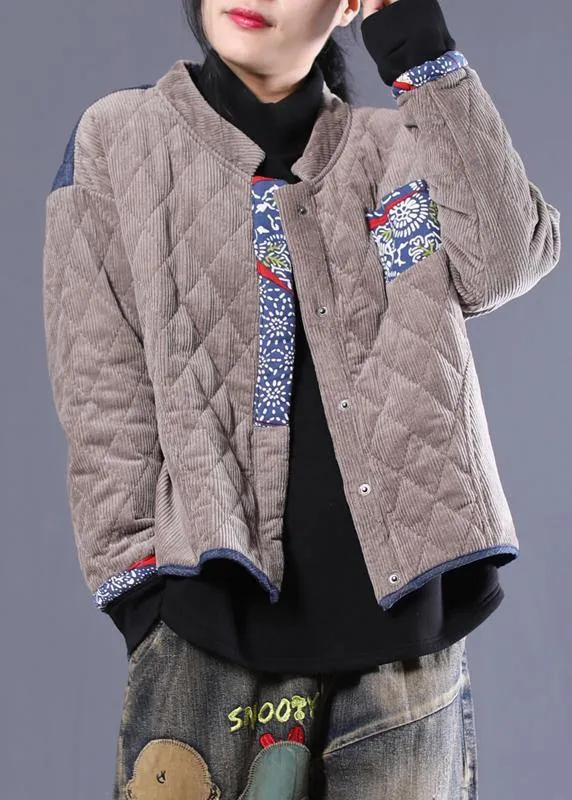 women plus size Jackets overcoat gray patchwork blue stand collar parkas