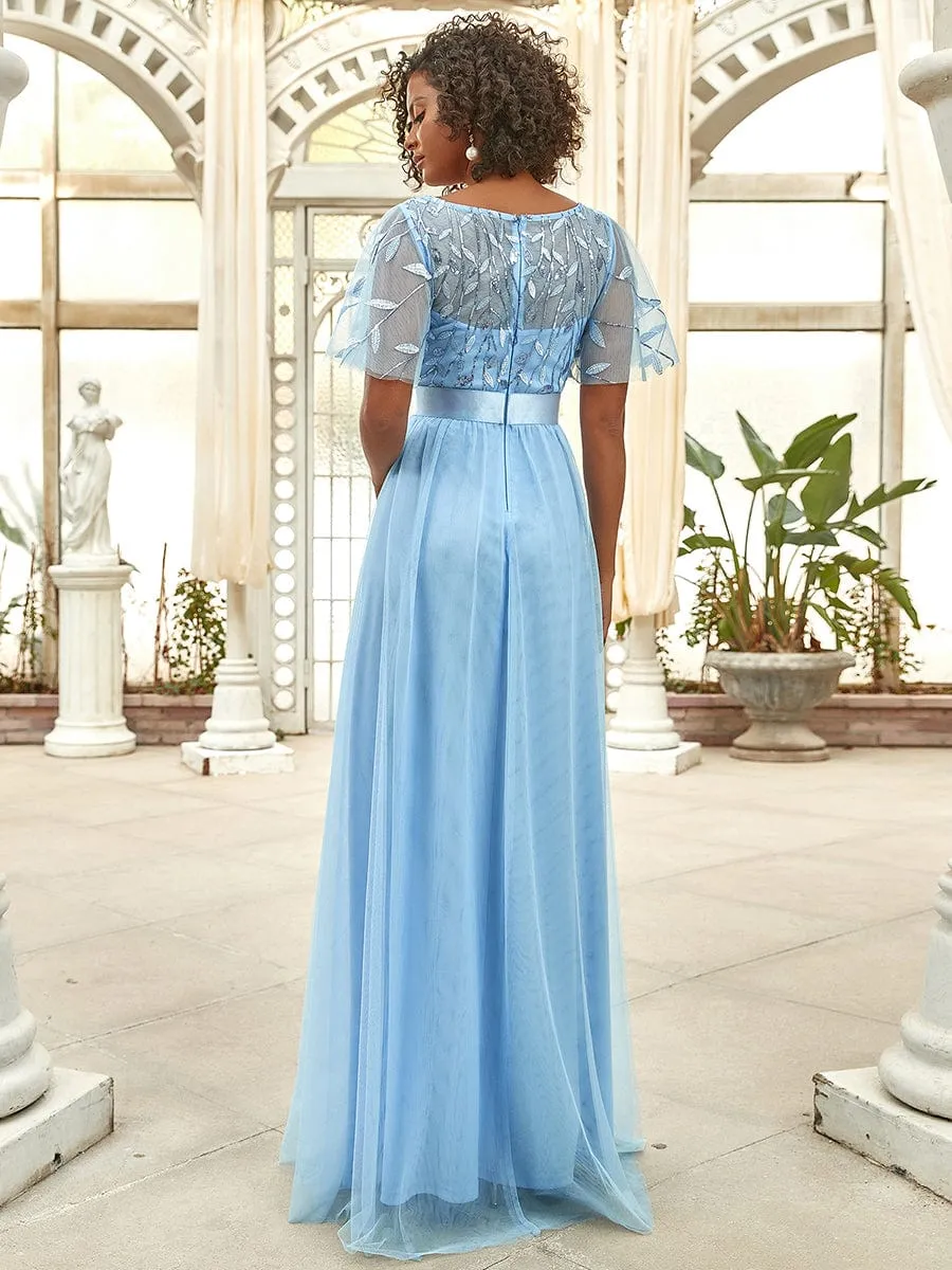 Women's A-Line Short Sleeve Embroidery Floor Length Evening Dresses