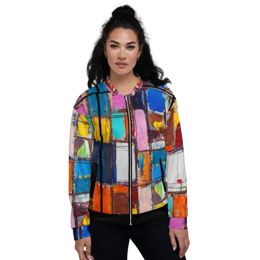 Womens Bomber Jacket, Abstract Multicolor Block Style