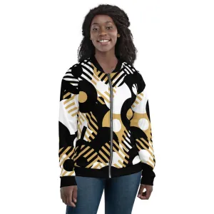 Womens Bomber Jacket, Black & Gold Geometric Style