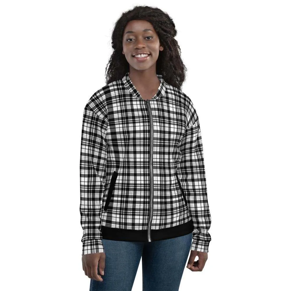 Womens Bomber Jacket, Black & White Plaid Style