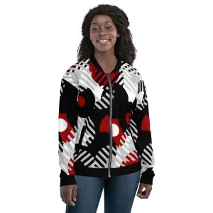 Womens Bomber Jacket, Black Red & Grey Geometric Style