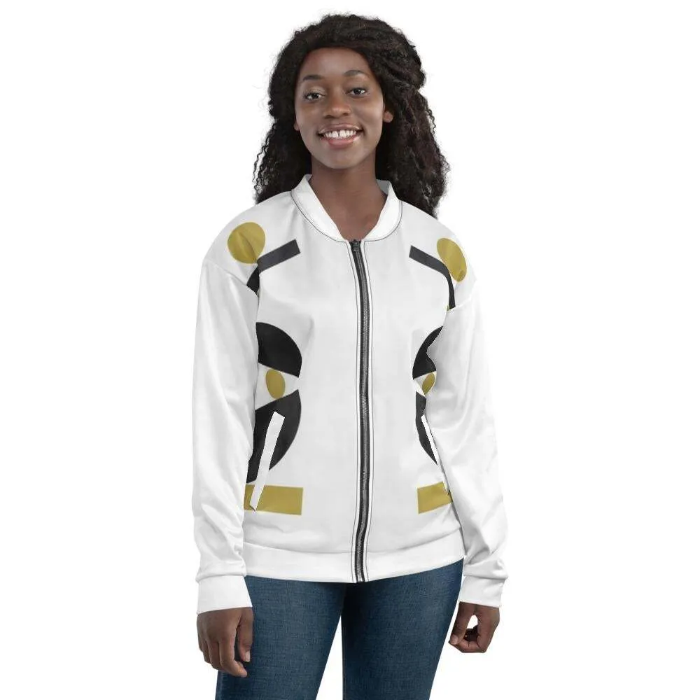 Womens Bomber Jacket, White & Gold Geometric Style