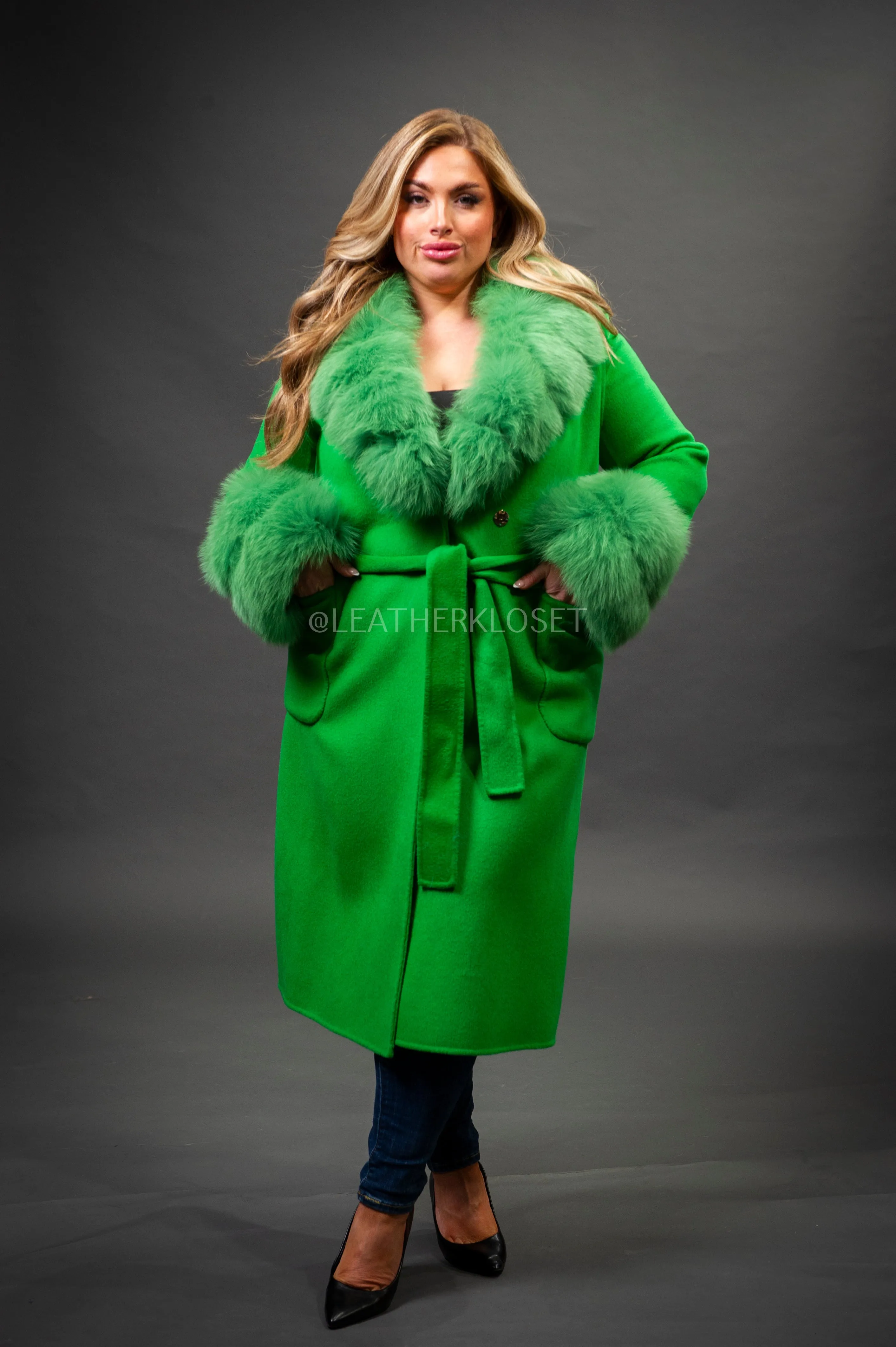 Women's Cashmere Trench Coat With Fox Trimming [Green]