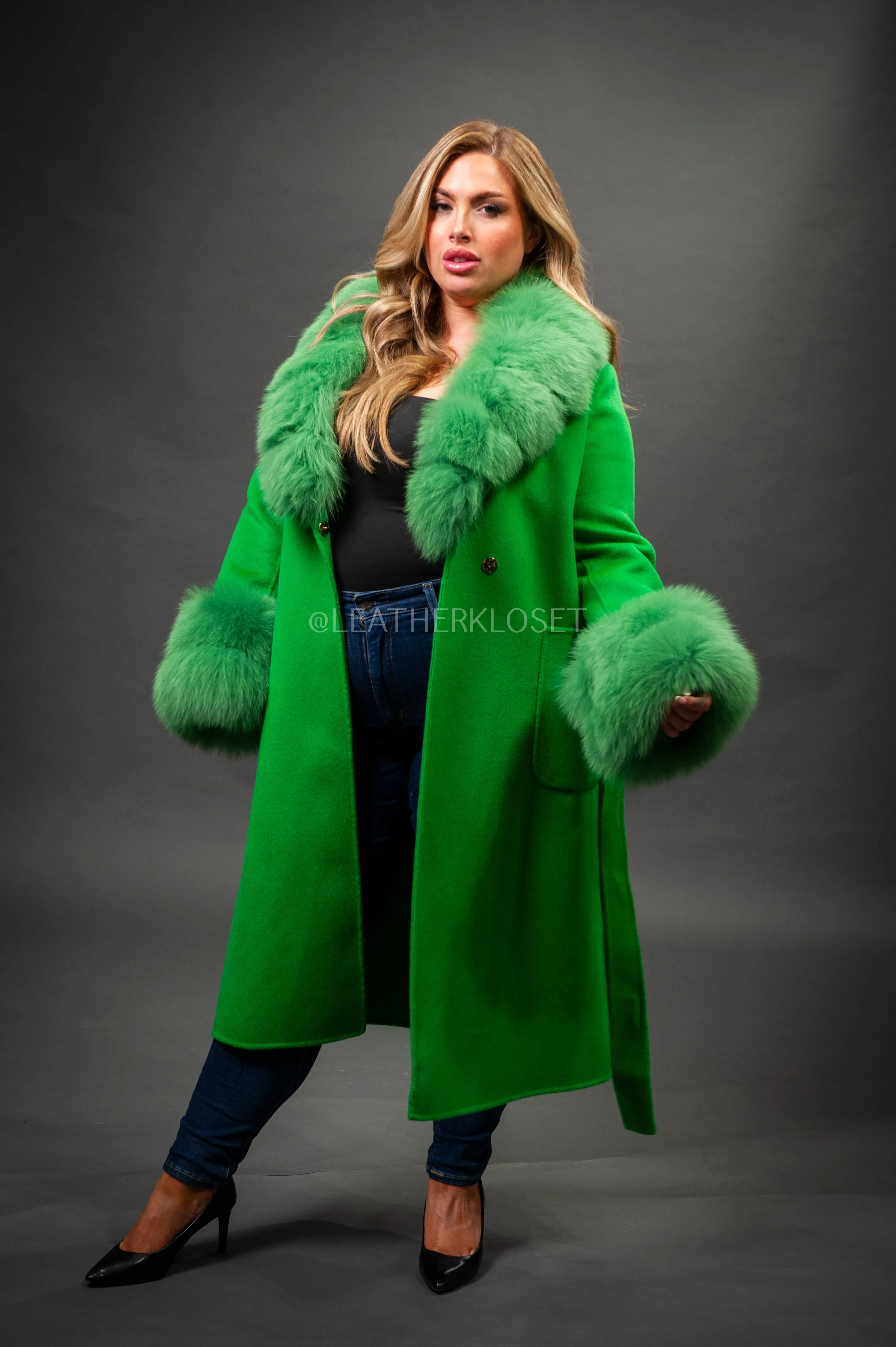 Women's Cashmere Trench Coat With Fox Trimming [Green]