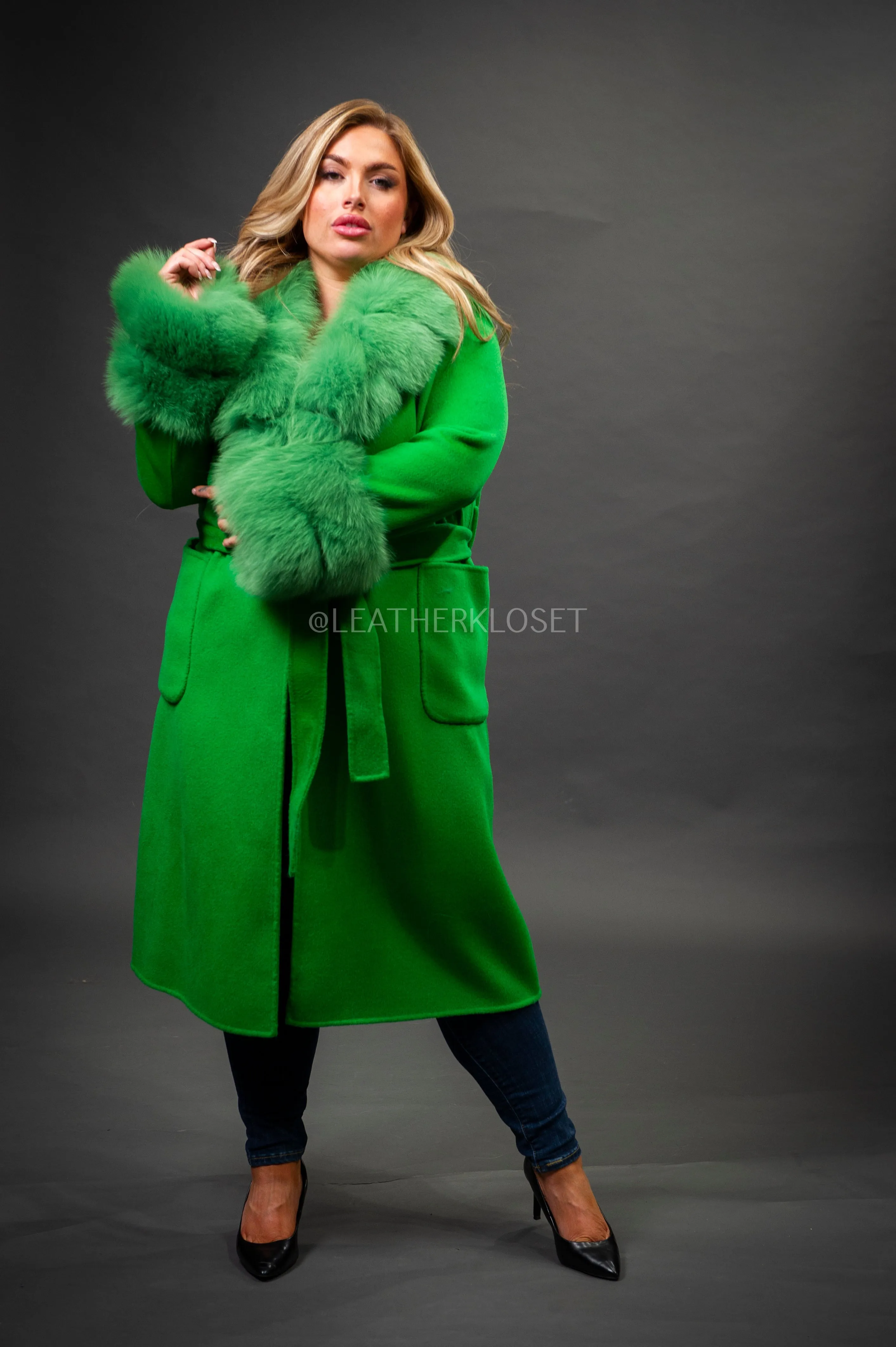 Women's Cashmere Trench Coat With Fox Trimming [Green]