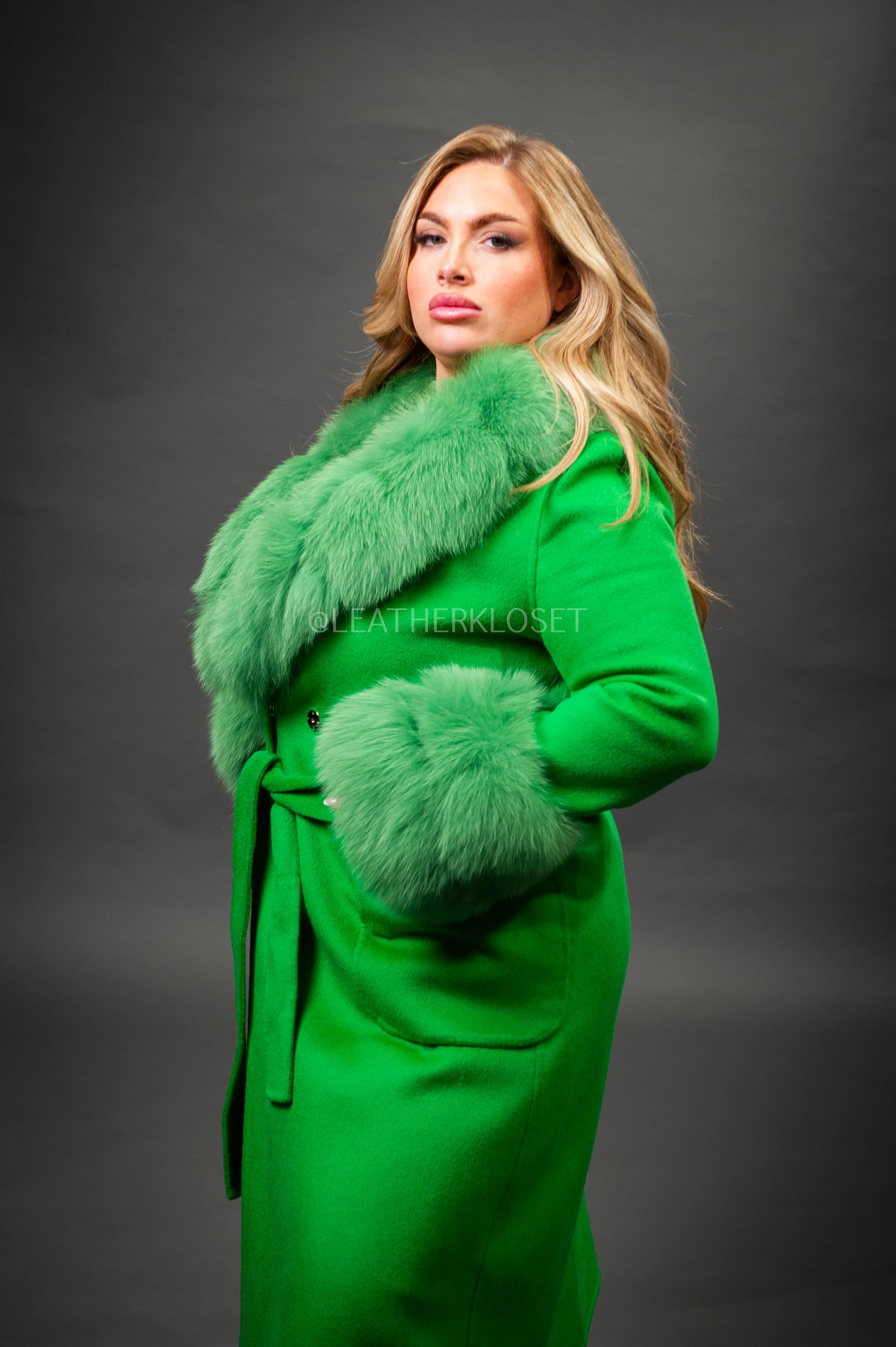 Women's Cashmere Trench Coat With Fox Trimming [Green]