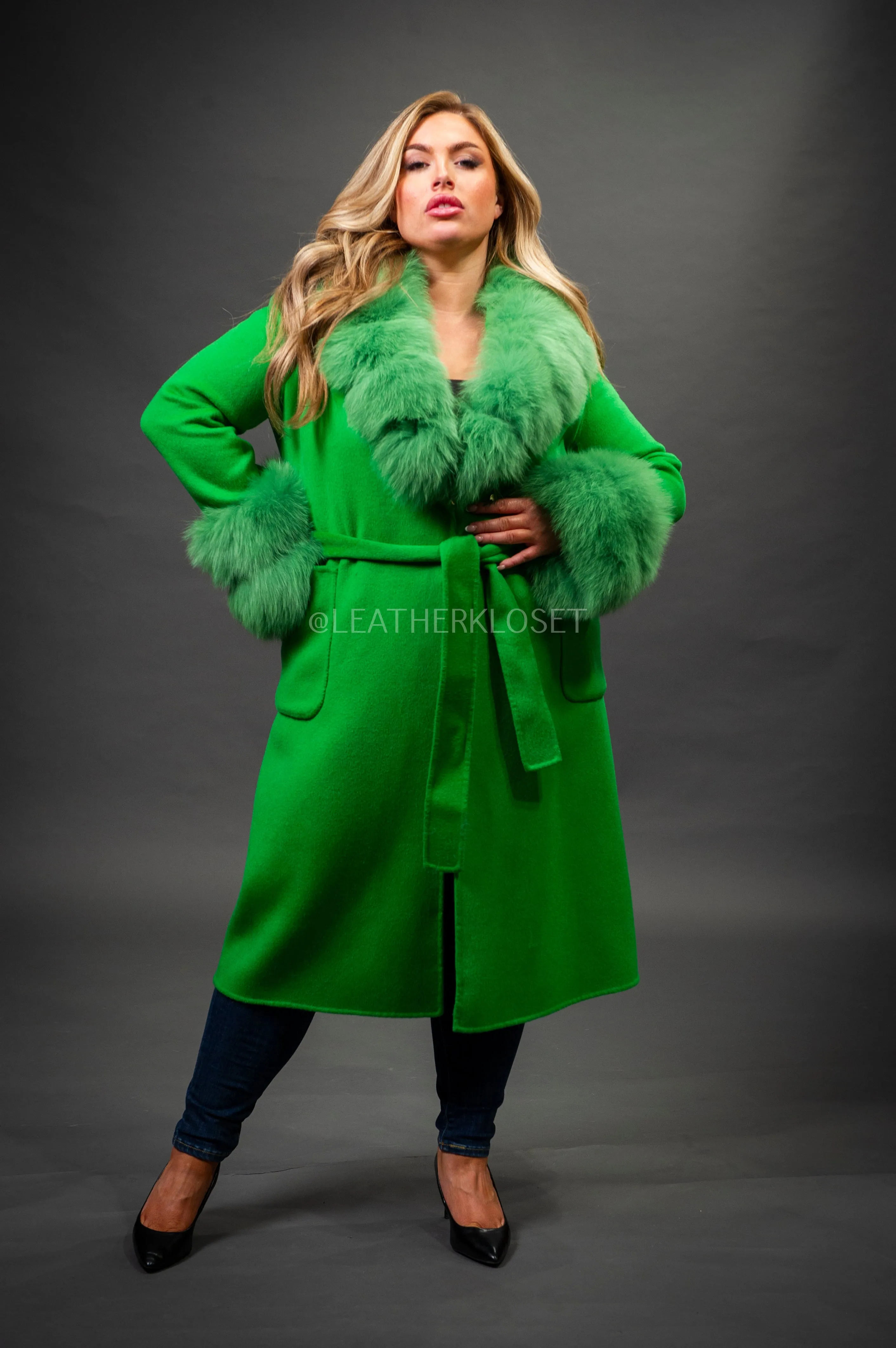 Women's Cashmere Trench Coat With Fox Trimming [Green]