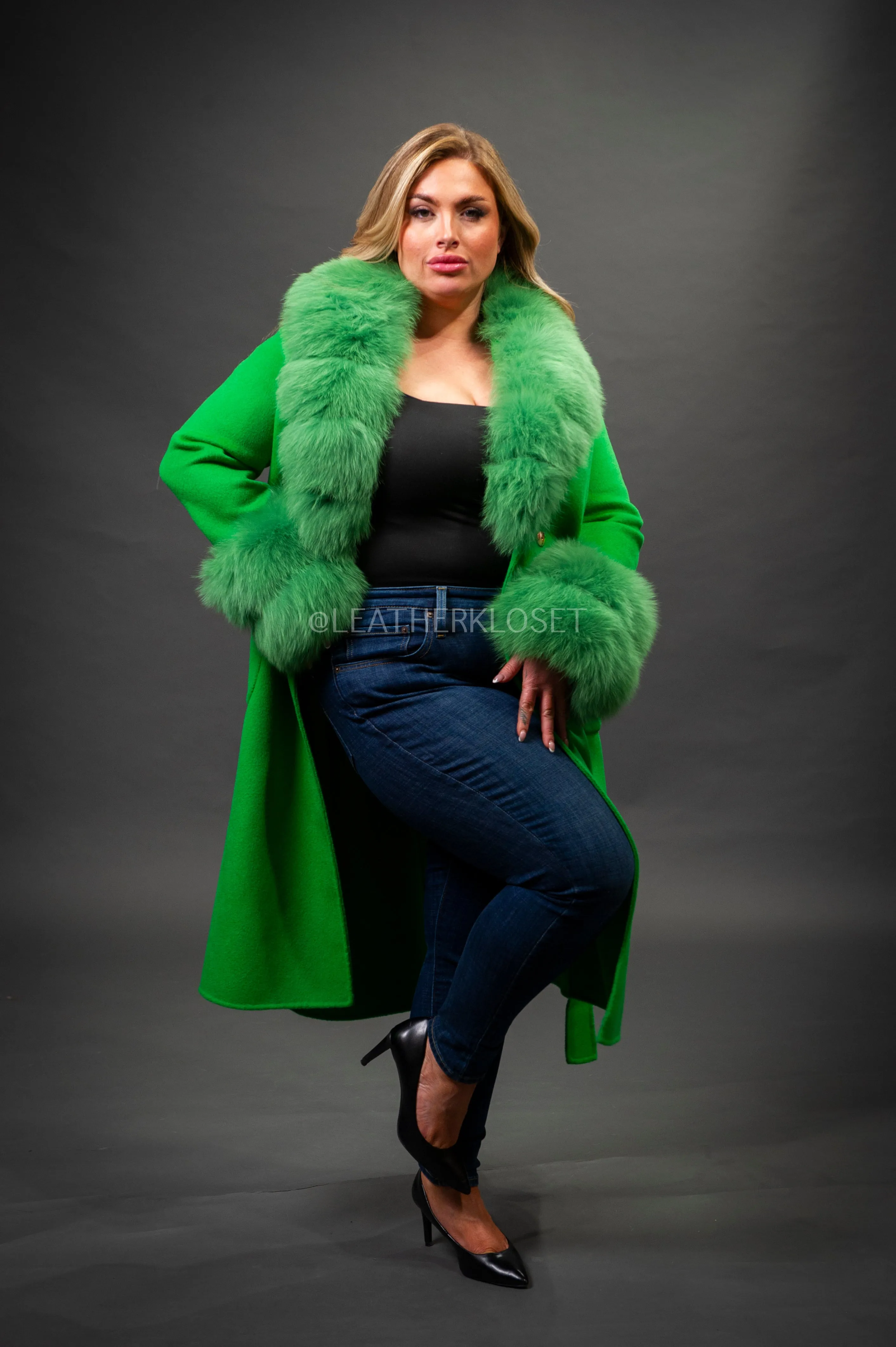 Women's Cashmere Trench Coat With Fox Trimming [Green]