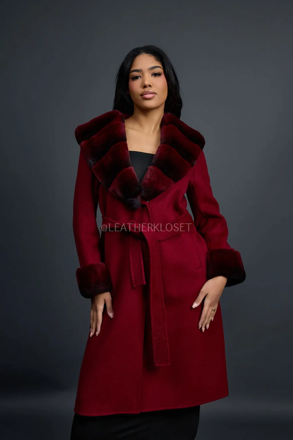 Women's Cashmere Trench Coat With Rex Trimming [Burgundy]