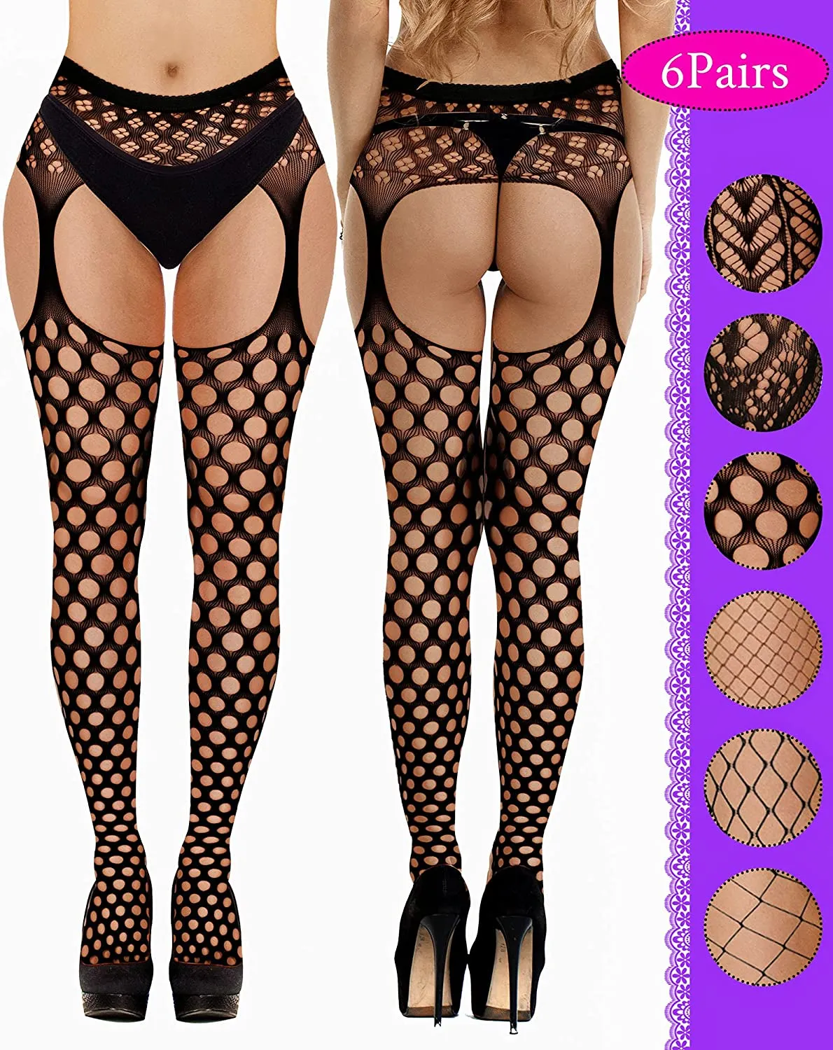 Women's Fishnet Stockings Thigh High Garter Stockings - 6 Pairs