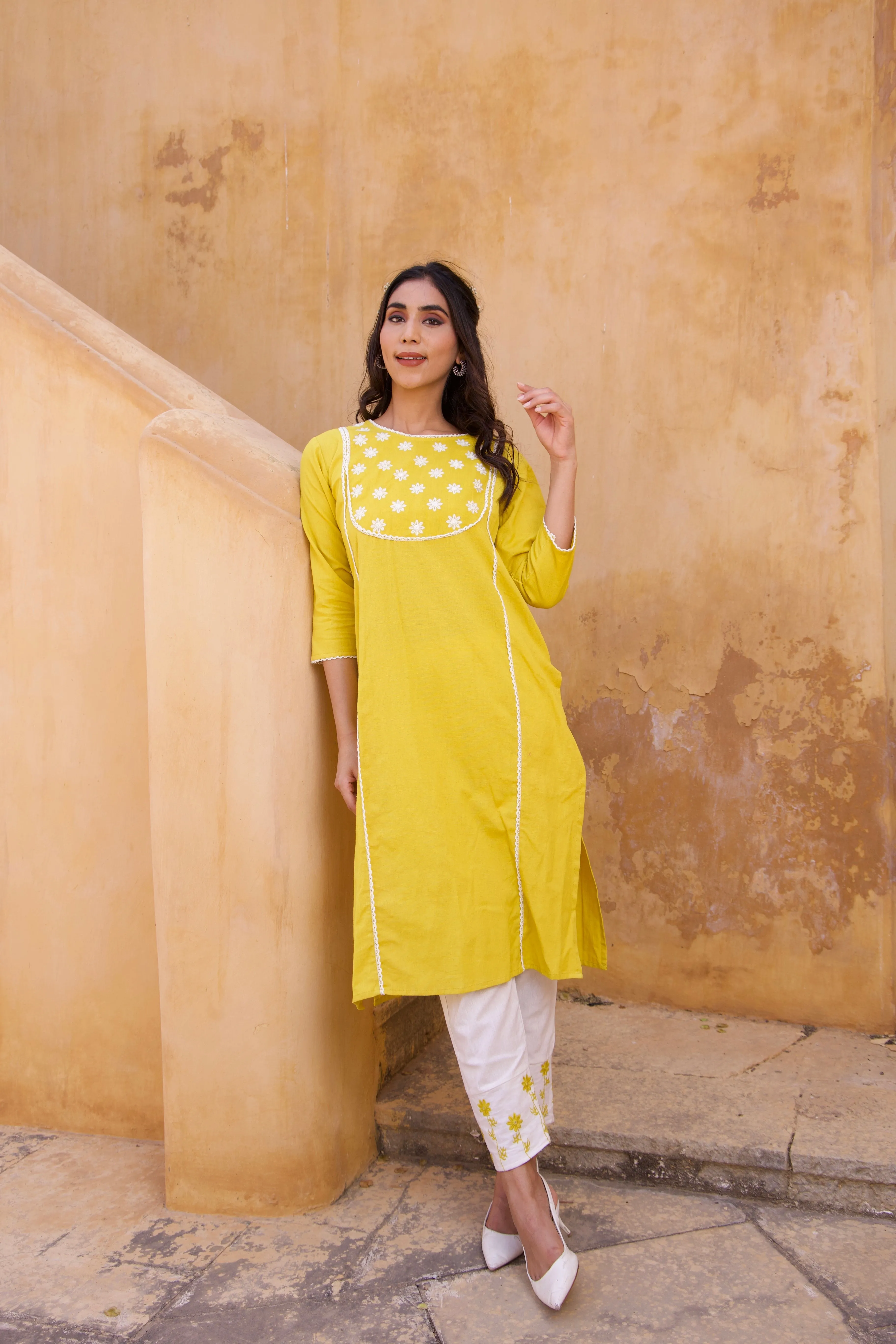 Yellow Cotton floral Summer Kurta Set