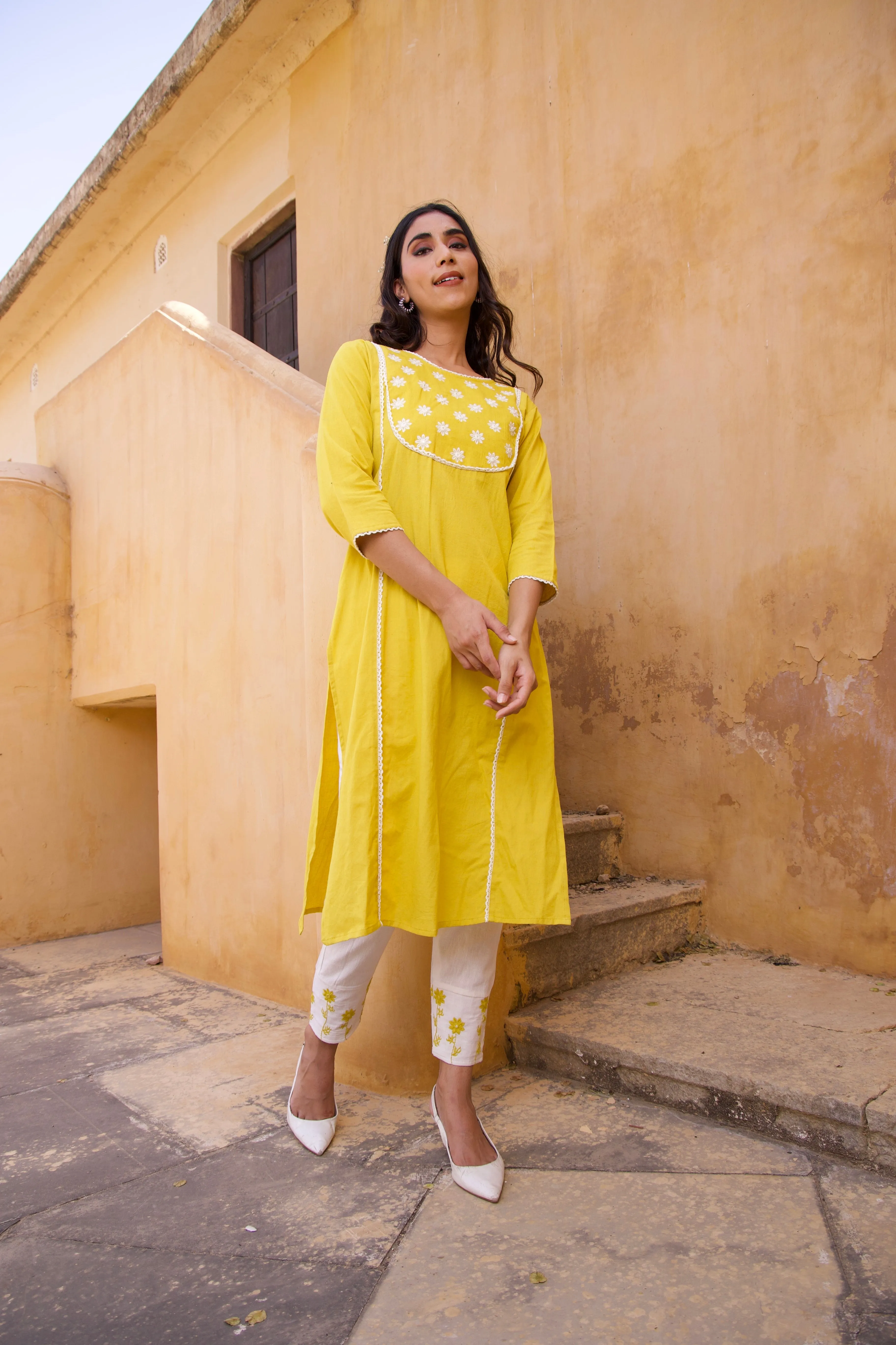 Yellow Cotton floral Summer Kurta Set