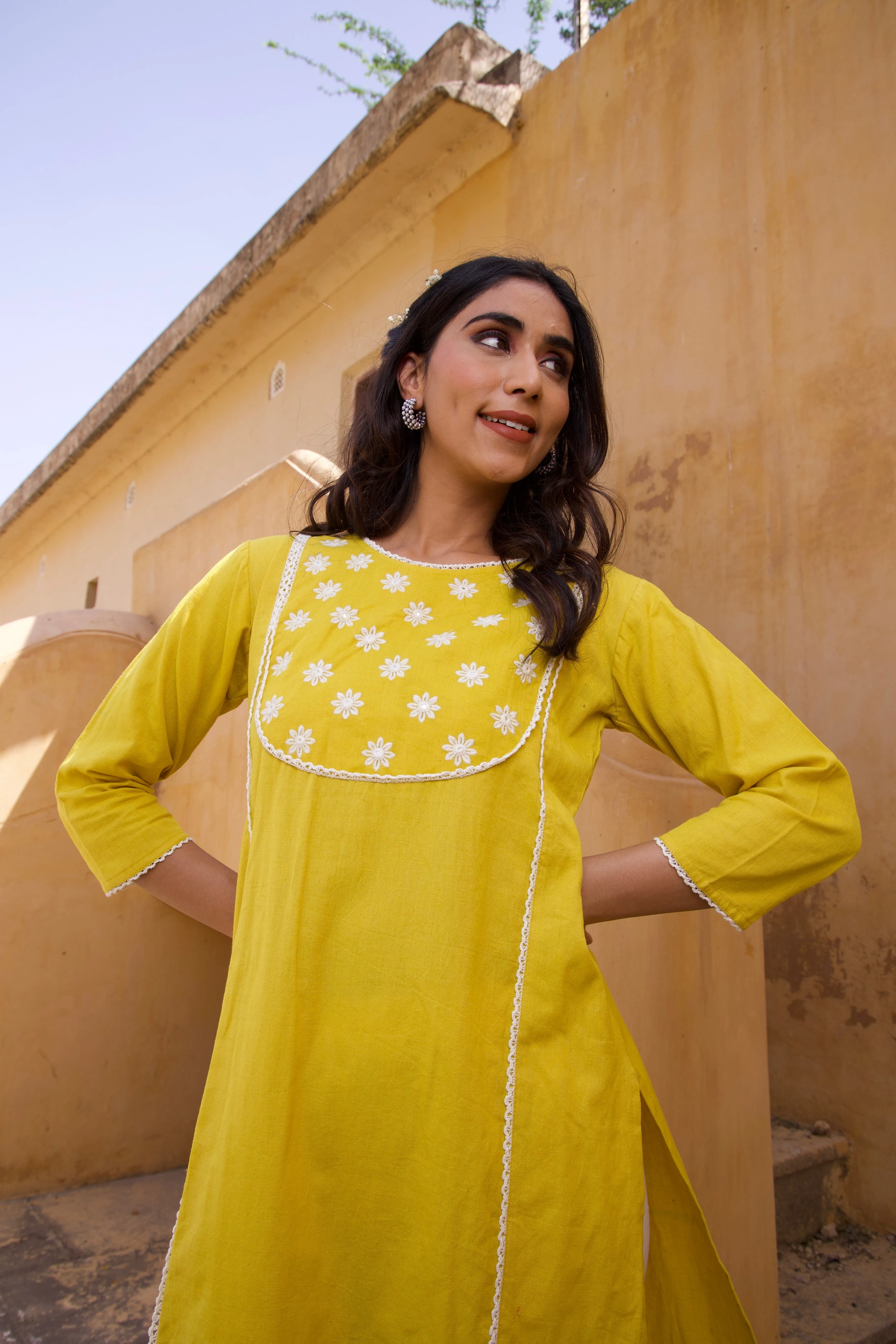 Yellow Cotton floral Summer Kurta Set