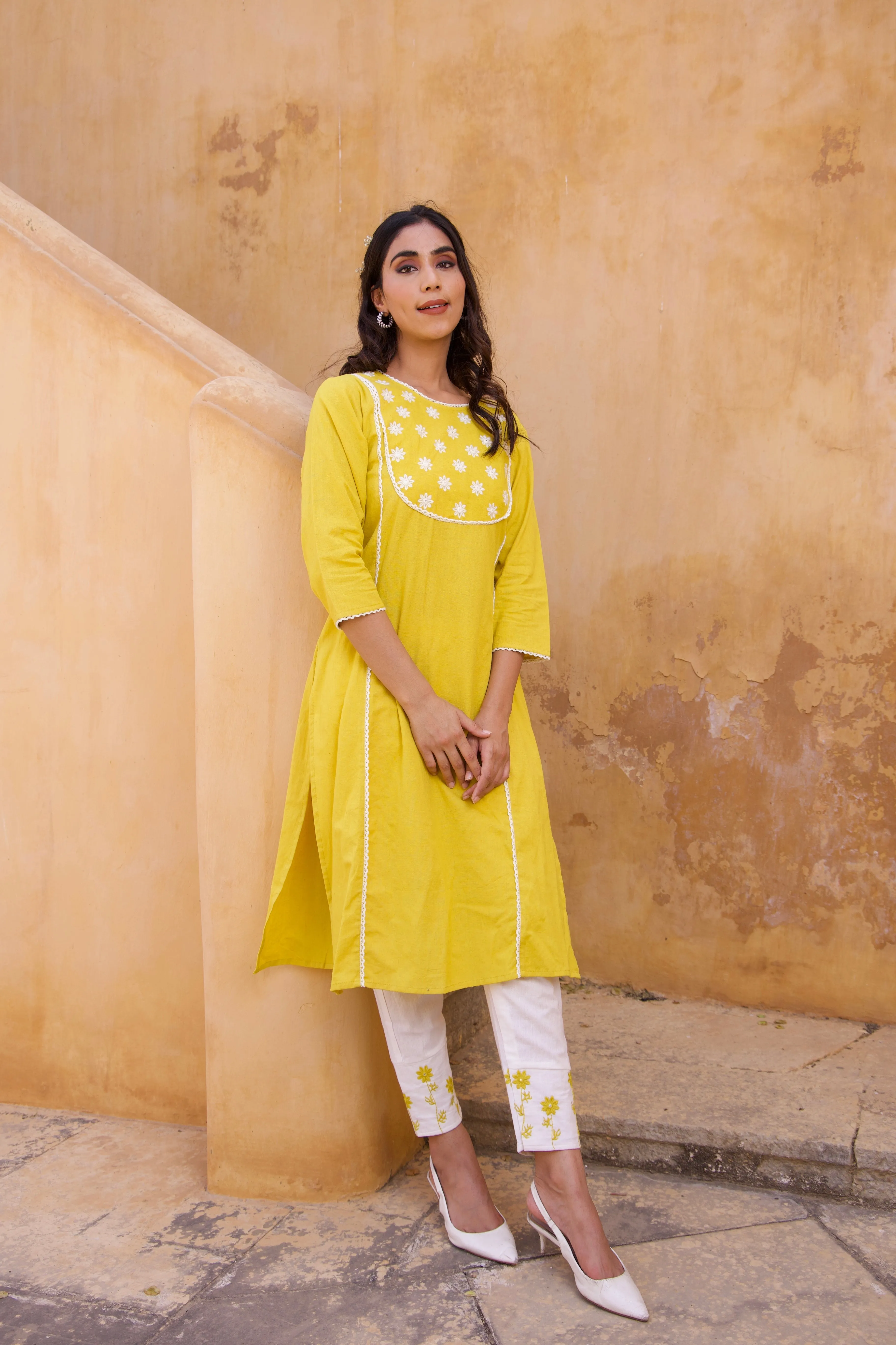 Yellow Cotton floral Summer Kurta Set