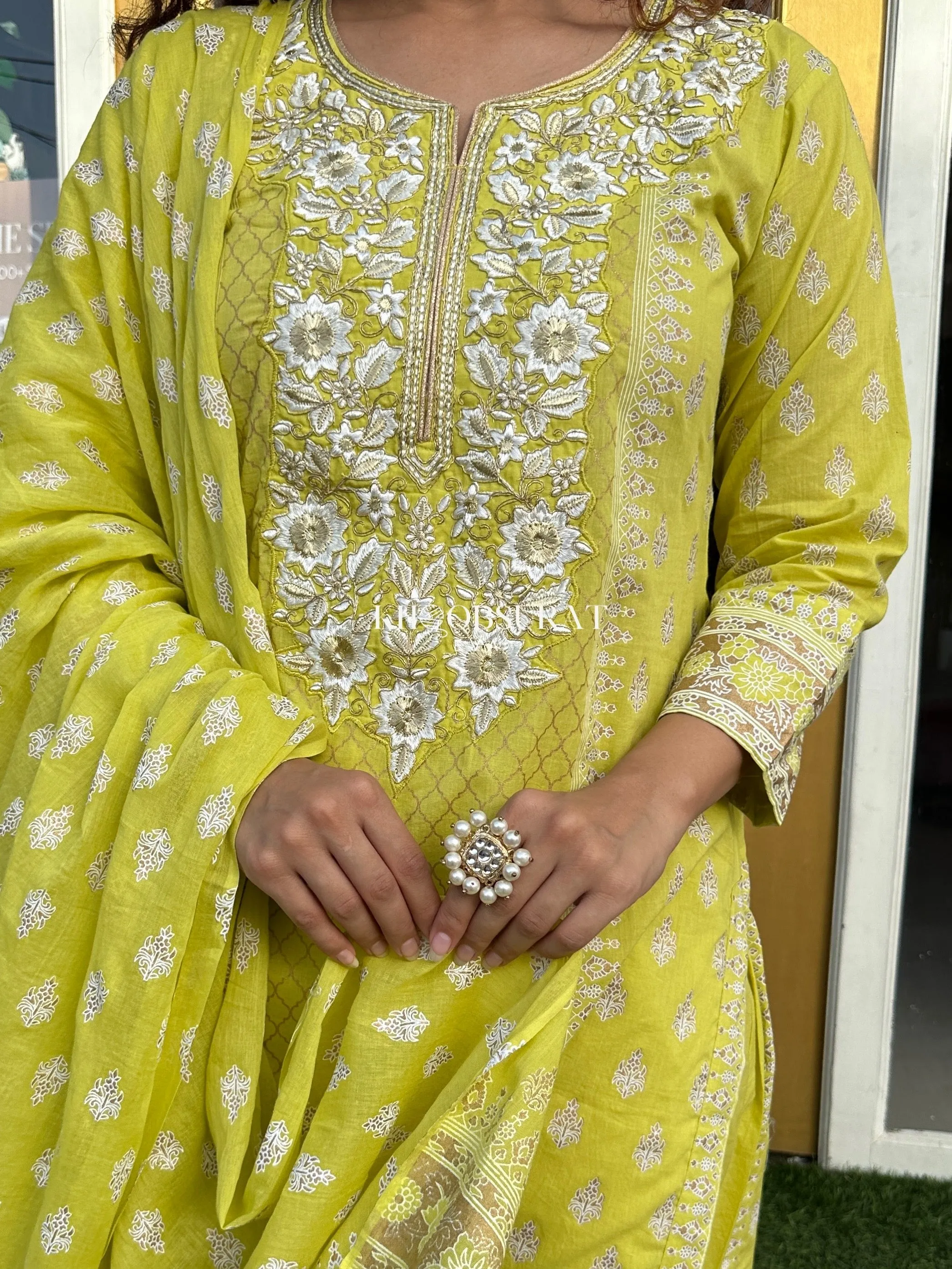 YELLOW COTTON SUIT WITH EMBROIDERY